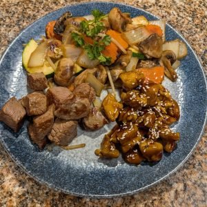 Teppan cooked, N.Y. Steak (4 oz) and Chicken Teriyaki (4 oz)