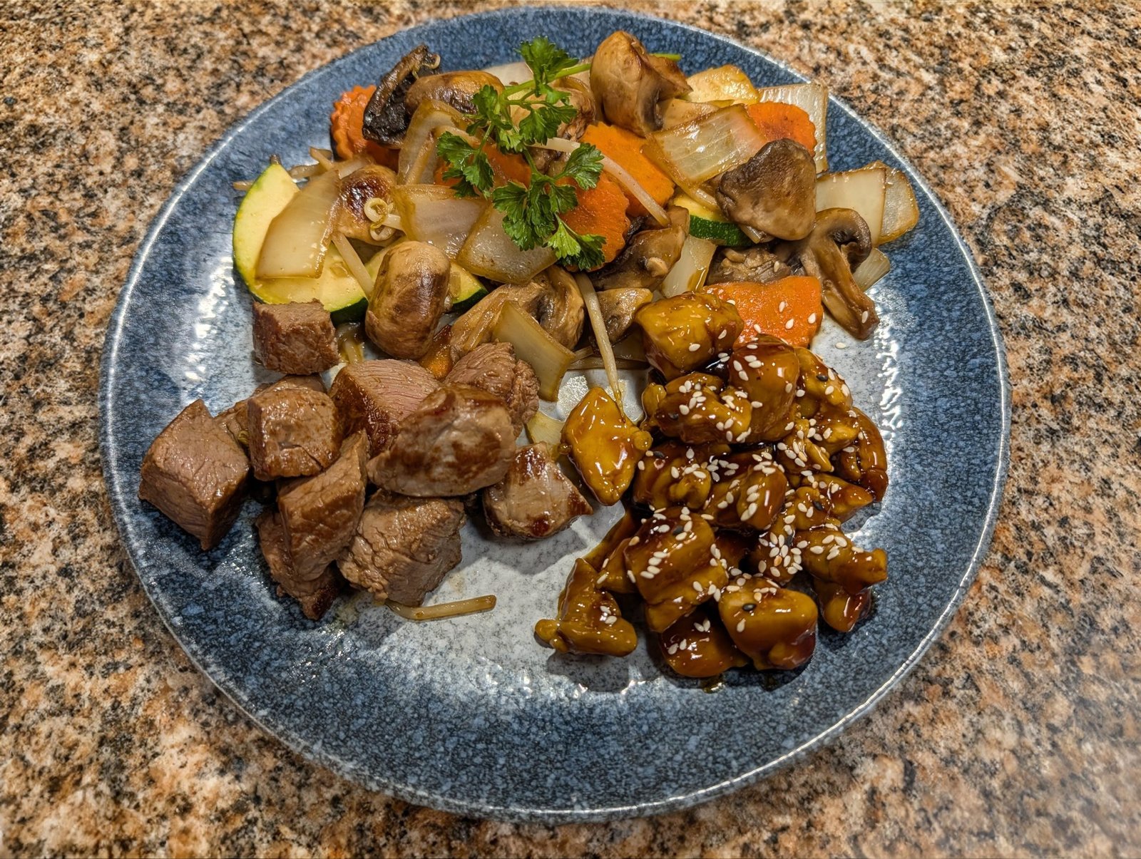 Teppan cooked, N.Y. Steak (4 oz) and Chicken Teriyaki (4 oz)
