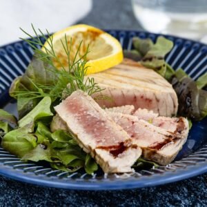tuna, tuna steak, fishes, fish, nature, fried, food, vegetables, salad