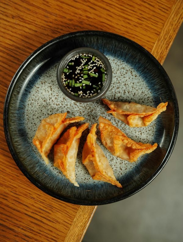 Delicious crispy dumplings served with soy dipping sauce on a ceramic plate.